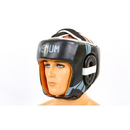 Шлем боксерский открытый с усиленной защитой макушки кожаный VENUM BO-6629-BK (черный-серый, р-р M-XL)