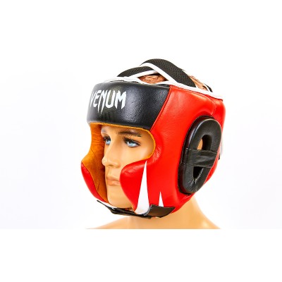 Шлем боксерский в мексиканском стиле кожаный VENUM BO-6652-R (черный-красный, р-р M-XL)
