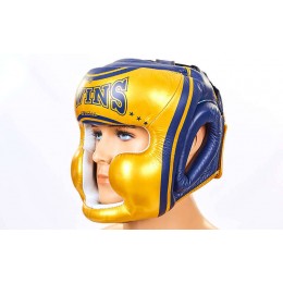 Шлем боксерский с полной защитой кожаный TWINS FHG-TW4GD-BU (р-р S-XL, золотой-синий)