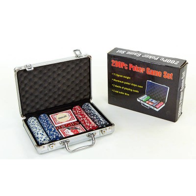 Набор для покера в алюминиевом кейсе IG-2056 на 200 фишек с номиналом (2 кол.карт,5куб)