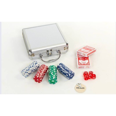 Набор для покера в алюминиевом кейсе IG-2470 на 100 фишек с номиналом (2 кол.карт, 5 куб)