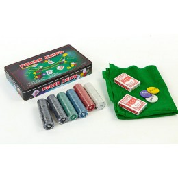 Покерный набор в металлической коробке-300 фишек IG-4394 (с номиналом, 2кол.карт, полотно)