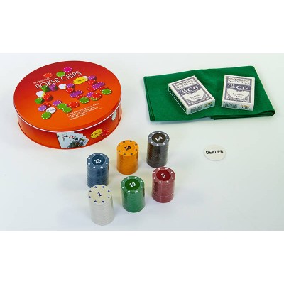 Покерный набор в круглой металлической коробке-120 фишек IG-6617 (с номиналом,2кол.карт,полотно)